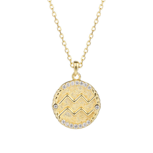 gold zodiac coin pendant necklace with aquarius star sign symbol and cz crystals