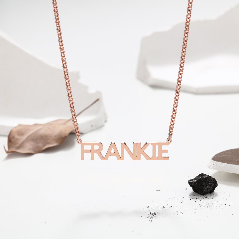 block caps name necklace rose gold