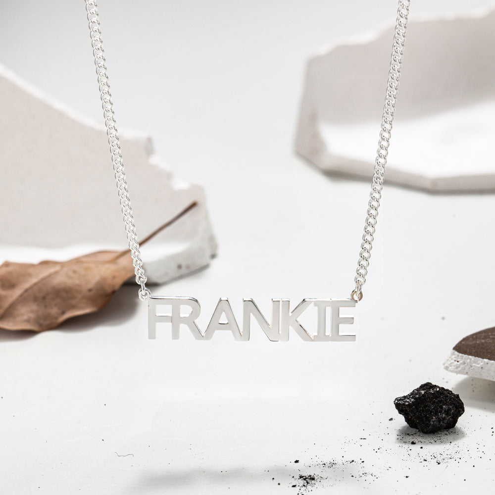 block caps name necklace silver